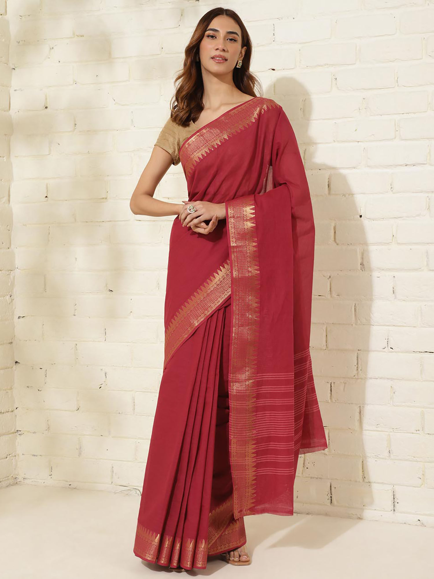 Fabindia Maroon Cotton Sari