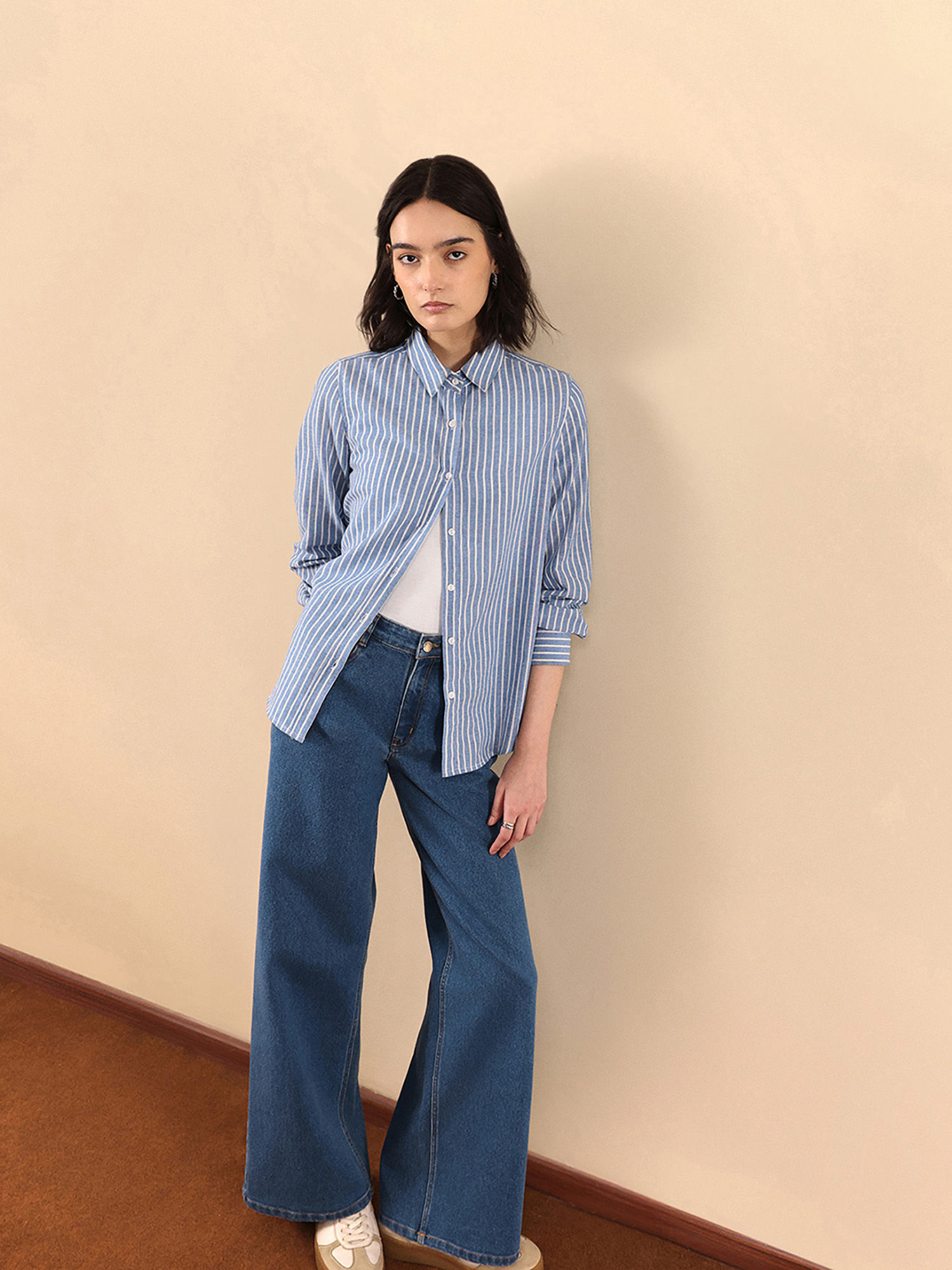 FABLE STREET Cotton Linen Stripes Shirt - Blue