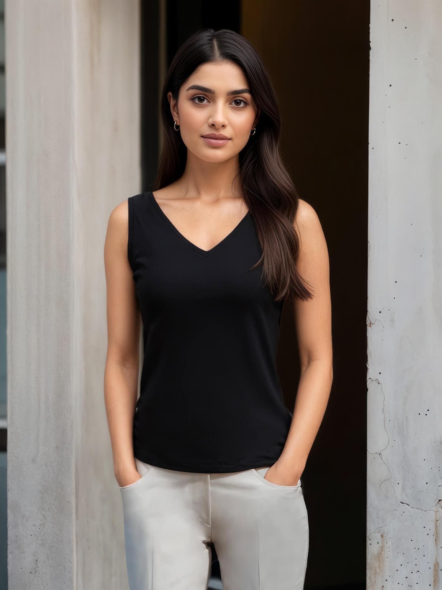 FABLE STREET Stretchable V Neck LivIn Camisole - Black