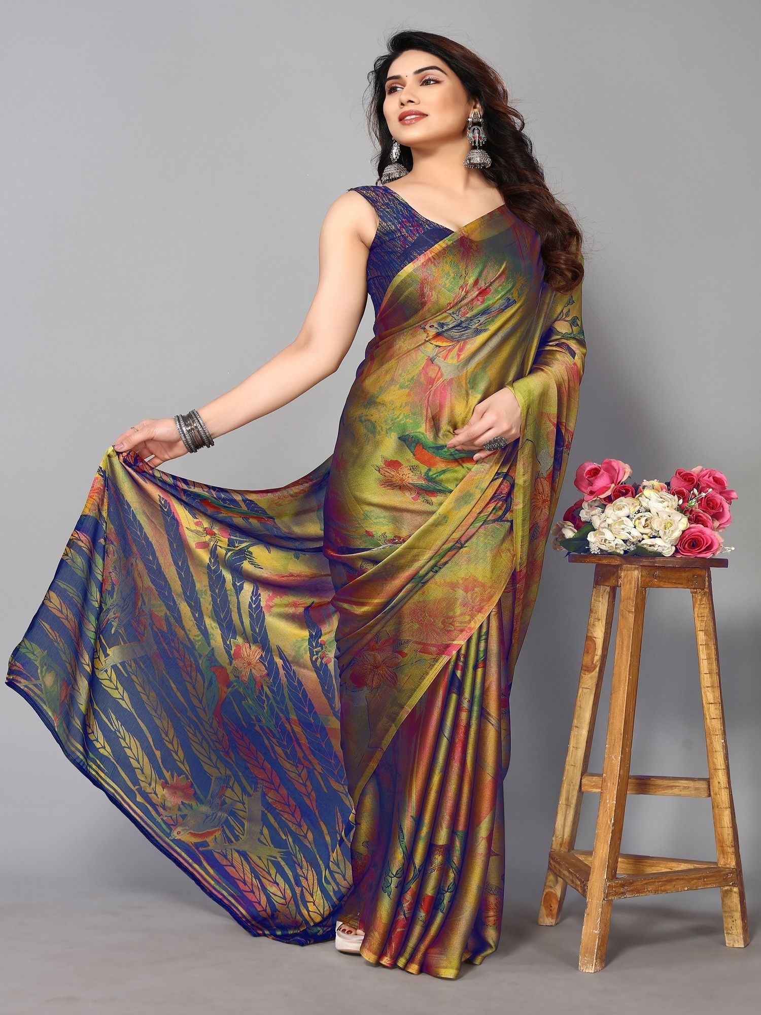 FABMORA Women Multi-Color Chiffon Floral Printed Saree with Unstitched Blouse