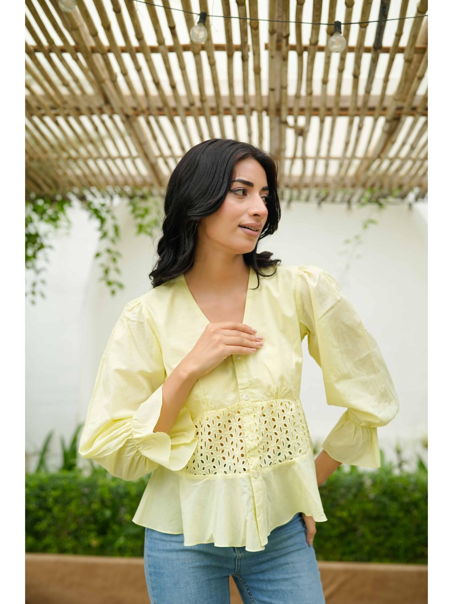 Femme Sequel Yellow Schiflli Cotton Top