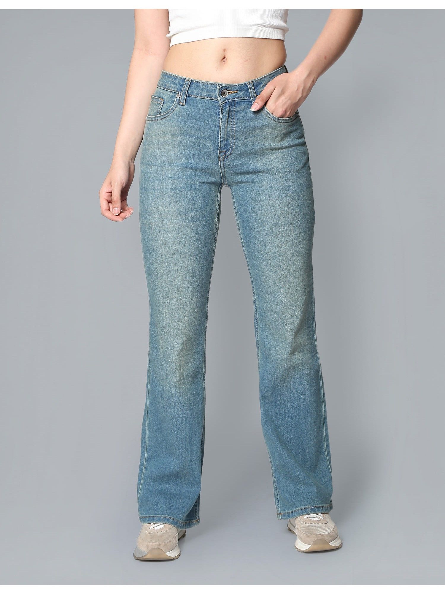 Flying Machine Women Blue Cotton Solid Bootcut Jeans