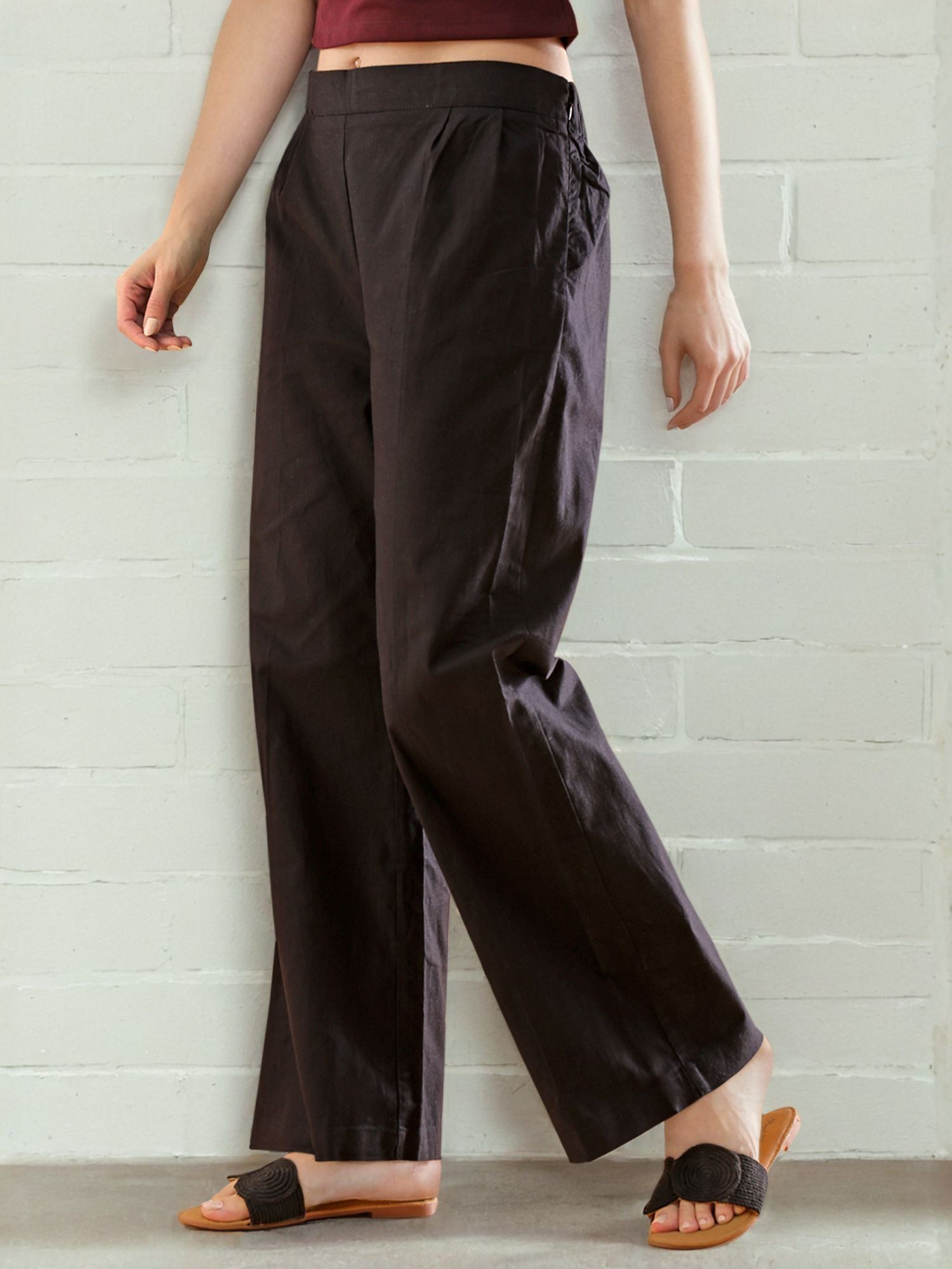 Freehand Women Black Solid High-Rise Wide Trouser
