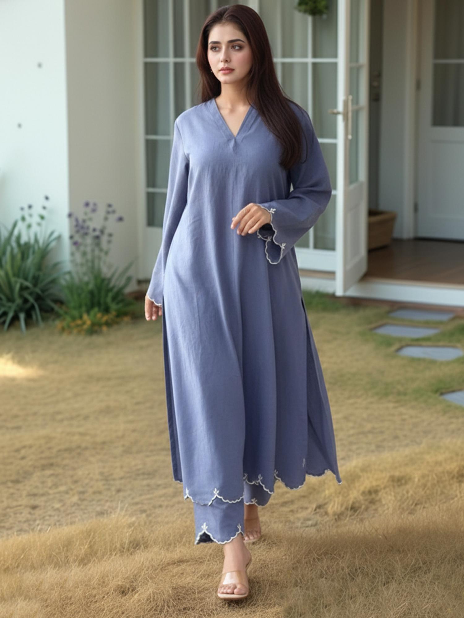 Gahan Womens Blue Rayon Blend Embroidered Straight Kurta with Pant