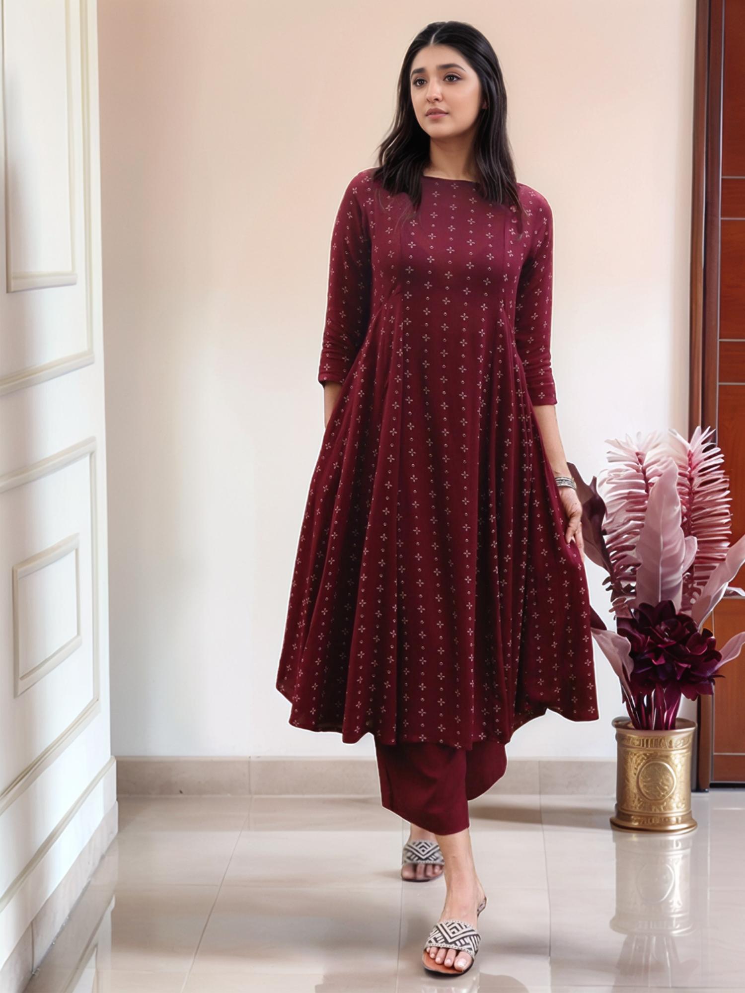 Gahan Womens Maroon Viscose Rayon Anarkali Printed Kurta with Pant