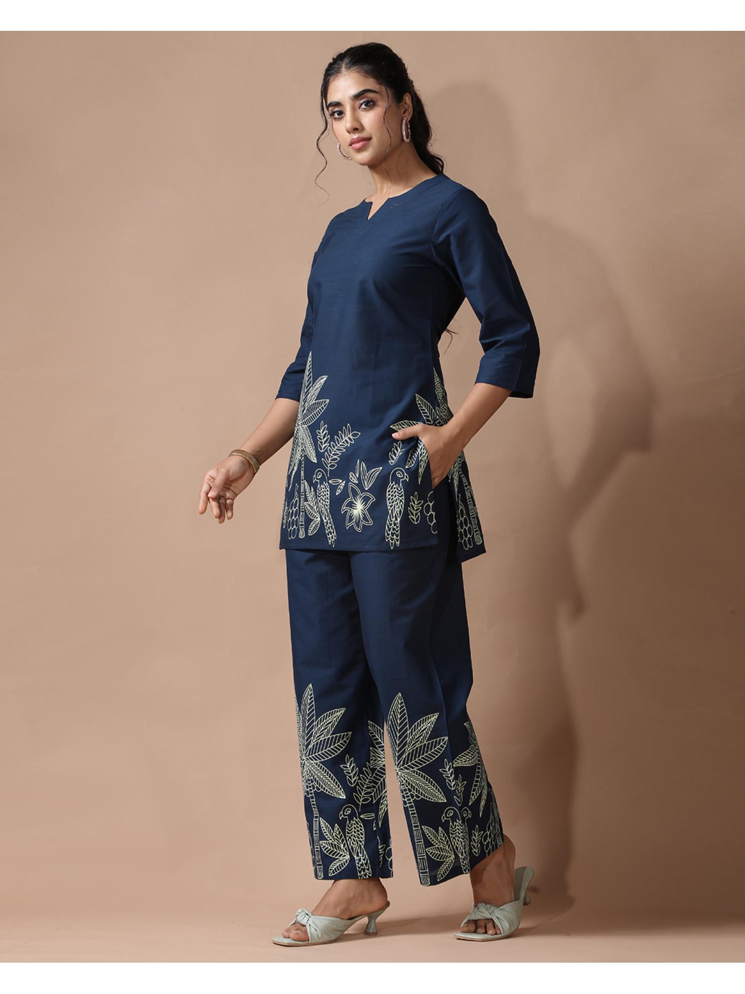 Gahan Womens Navy Blue Floral Printed Co-Ord Set