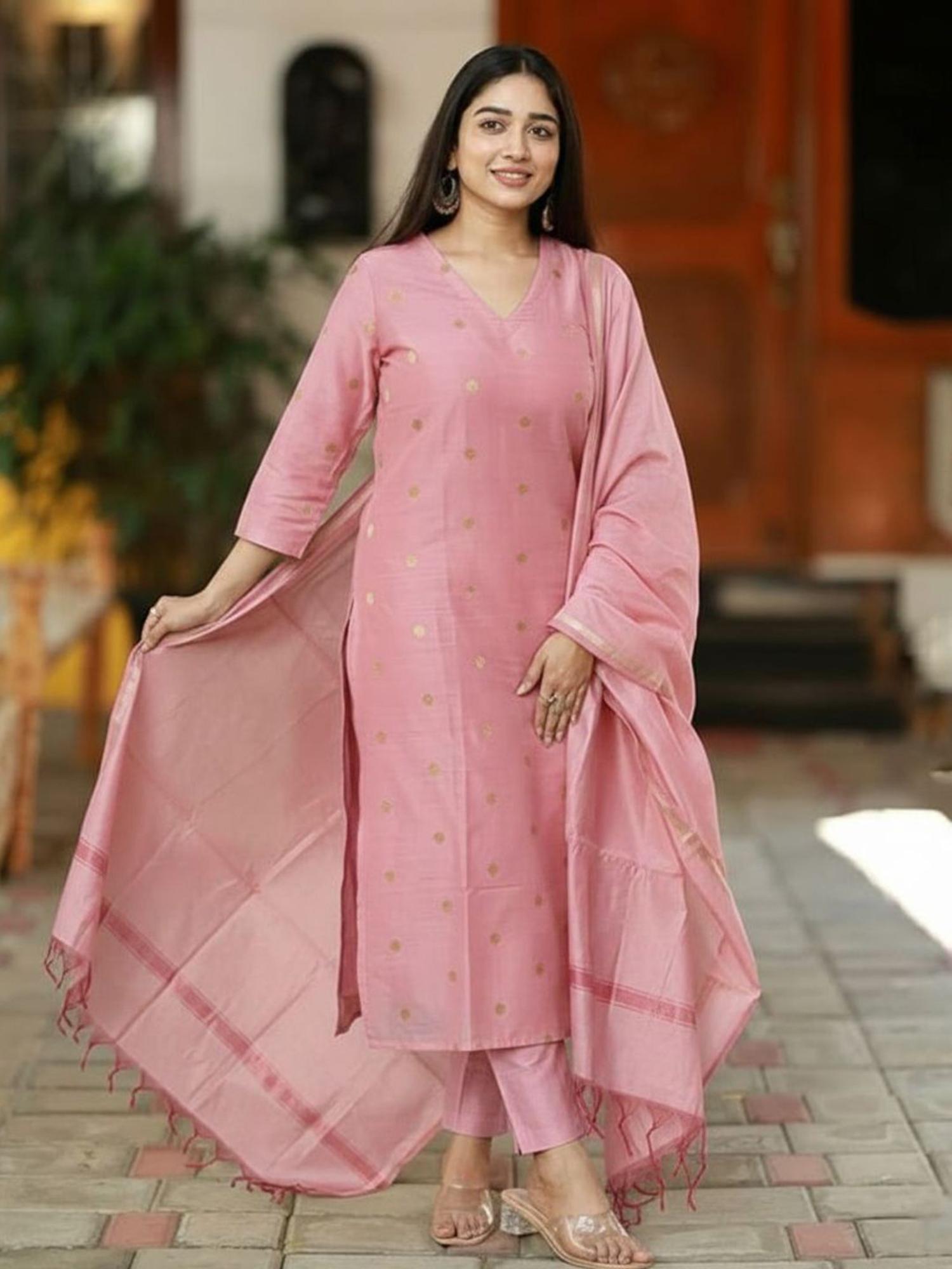 Gahan Womens Pink Rayon Blend Printed Straight Kurta and Pant with Dupatta