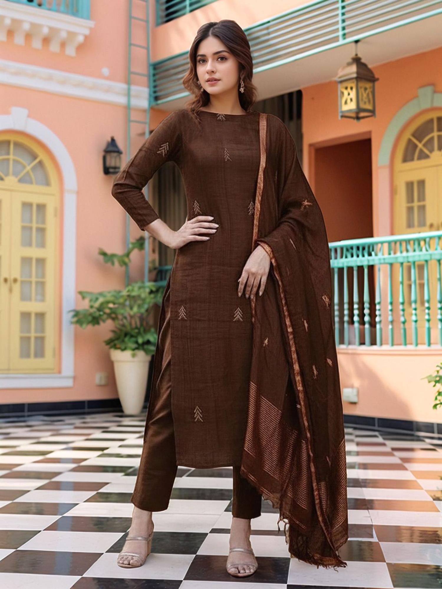 Gahan Womens Plus Size Brown Rayon Blend Printed Straight Kurta and Pant with Dupatta