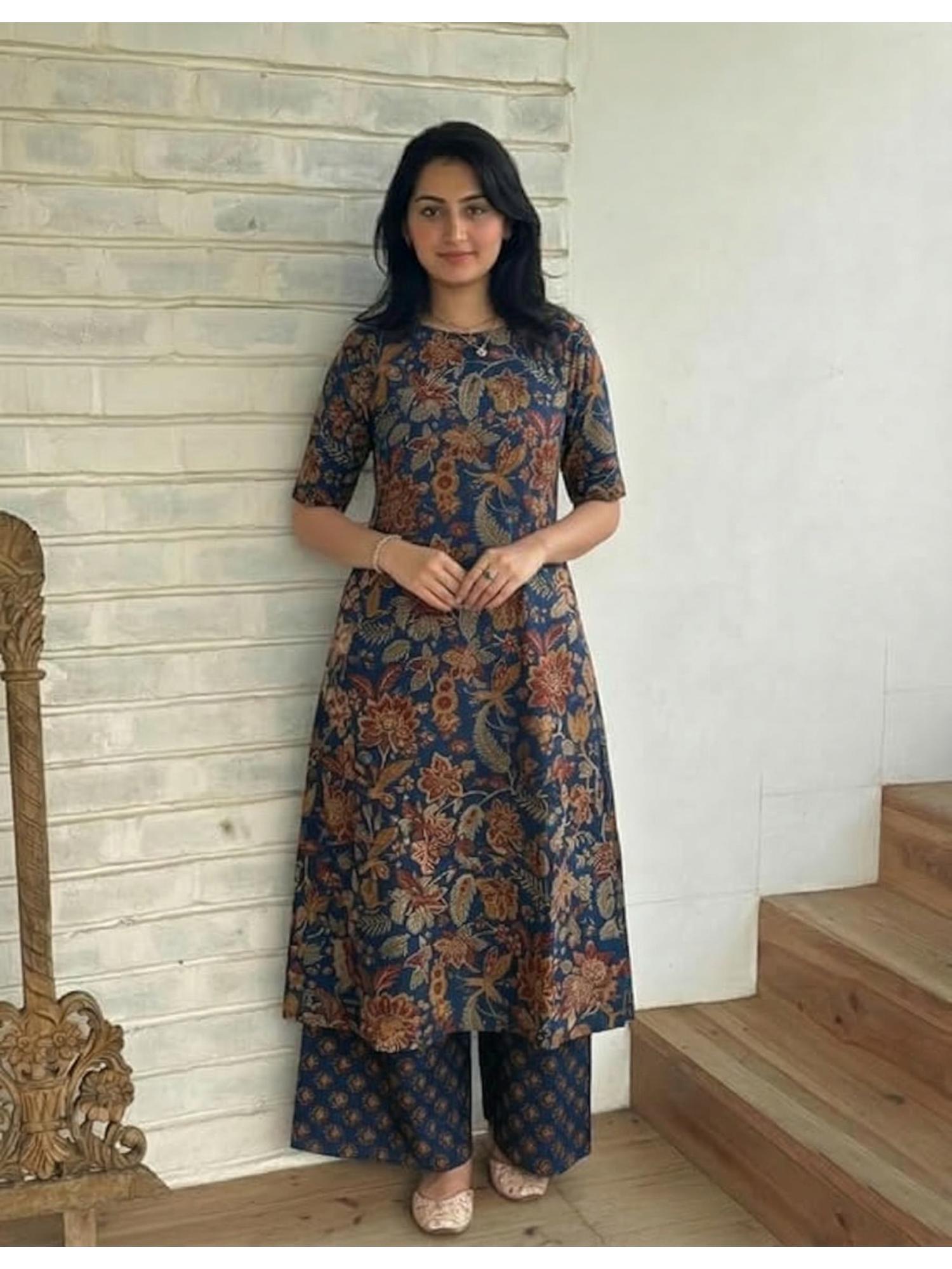 Gahan Womens Rayon Viscose Straight Printed Kurta with Palazzo - Blue