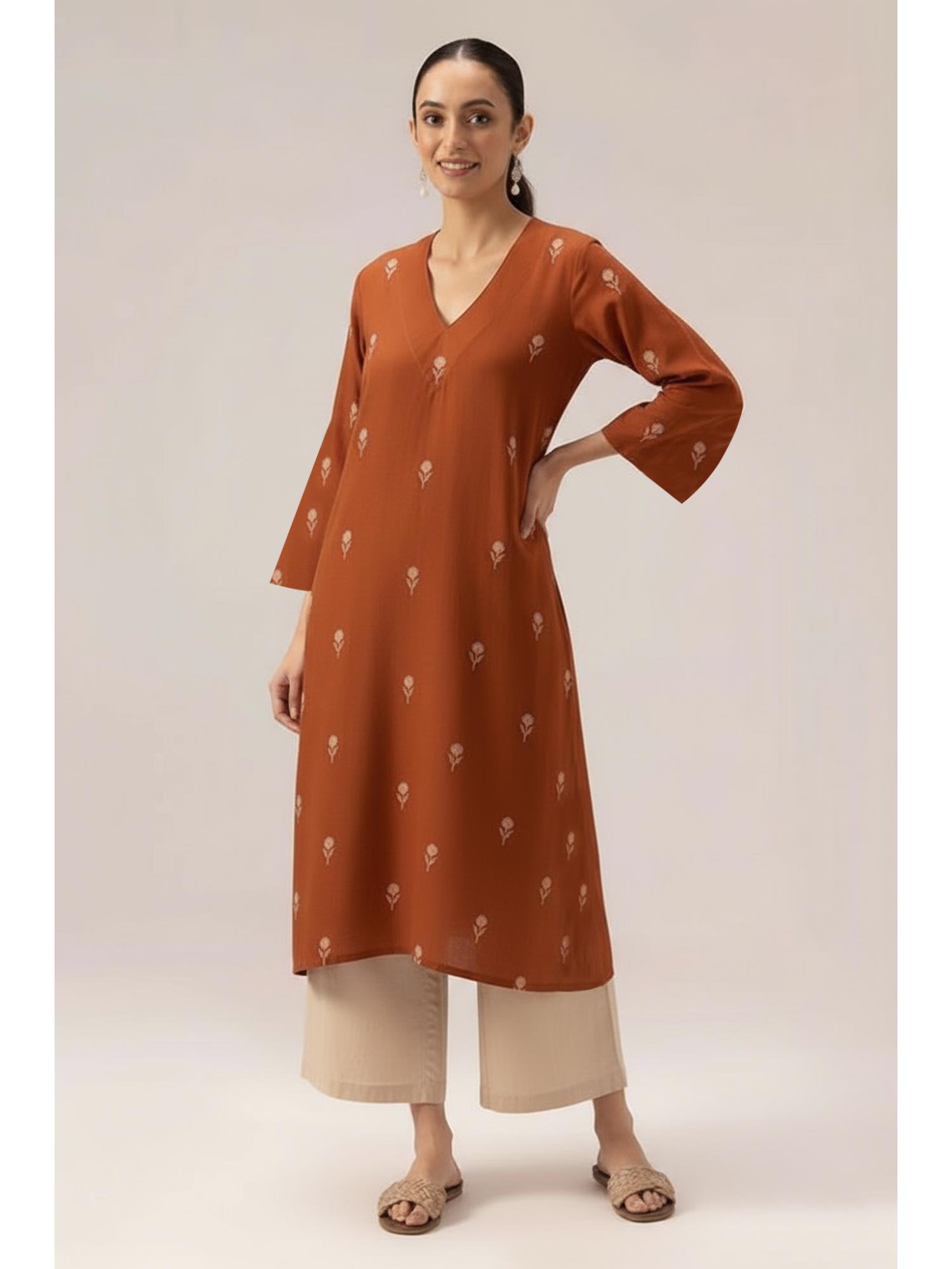 Gahan Womens Viscose Rayon Floral Kurta with Pant-Rust