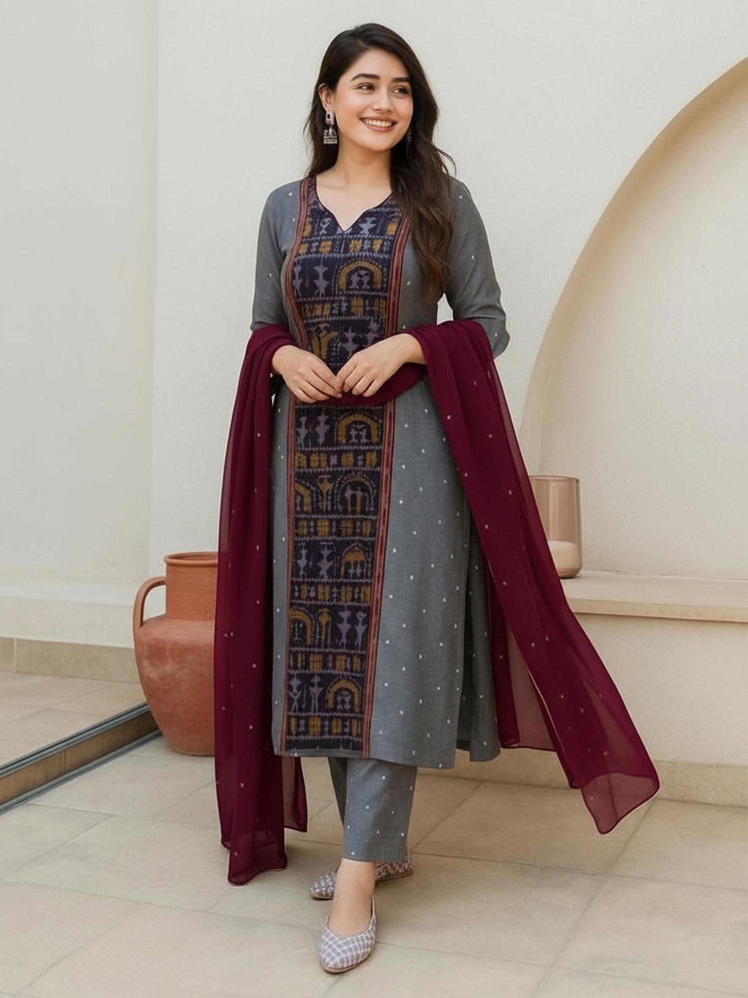 Gahan Womens Viscose Rayon Straight Printed Kurta with Pant & Dupatta - Grey