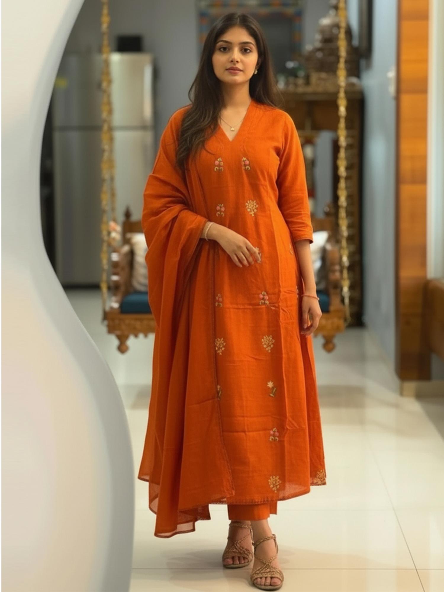Gahan Womens Viscose Rayon Straight Printed Kurta with Pant & Dupatta - Orange
