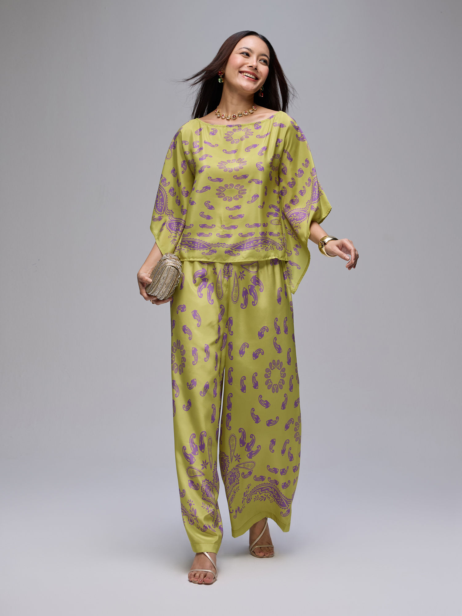 Gajra Gang Lime Yellow Crepe Paisley Print Kaftan Top With Wide Pant La Dolce Vita (Set of 2)