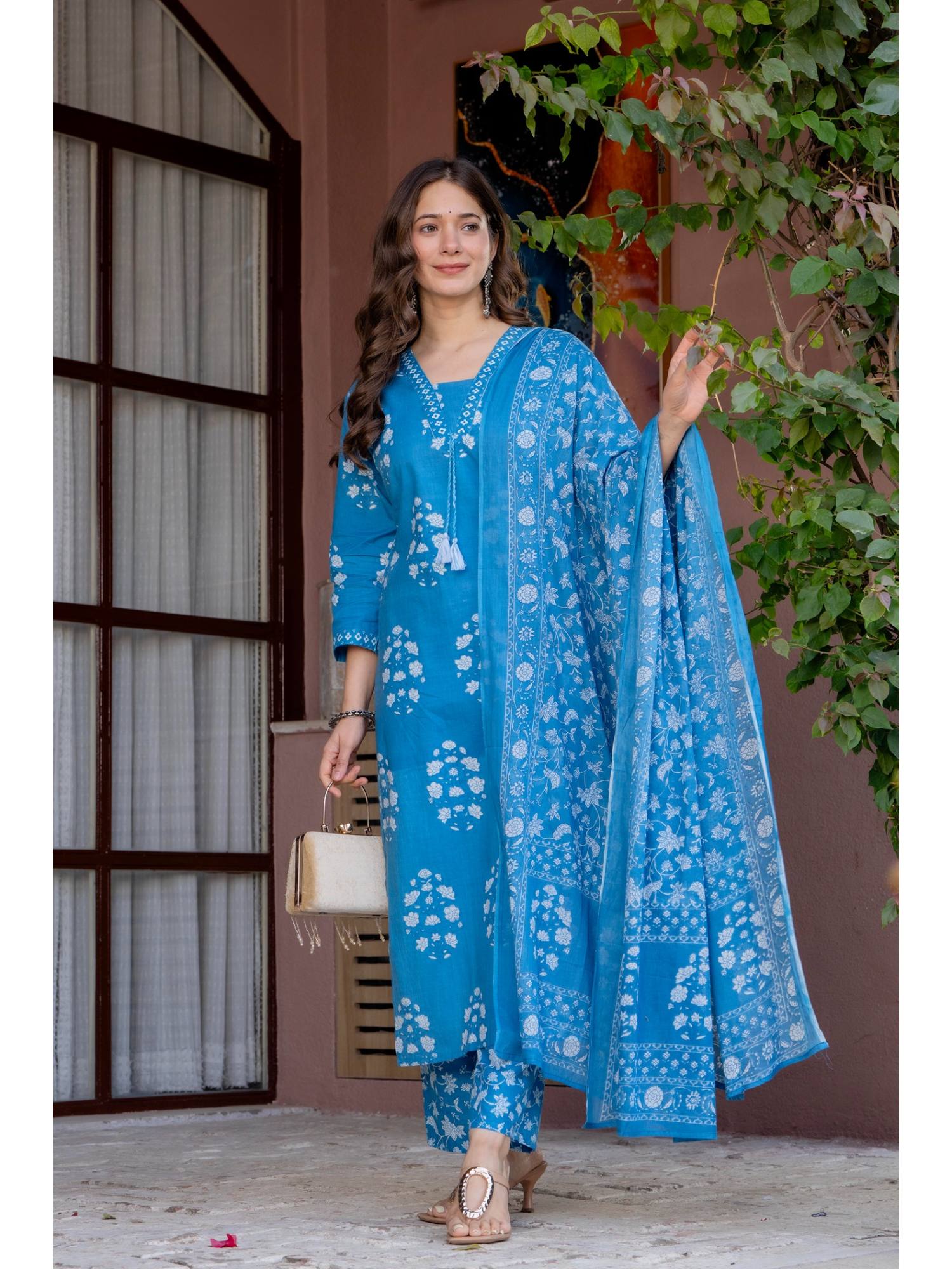 GEKHA Womens Pure Cotton Printed Straight Kurta With Pants And Dupatta Blue