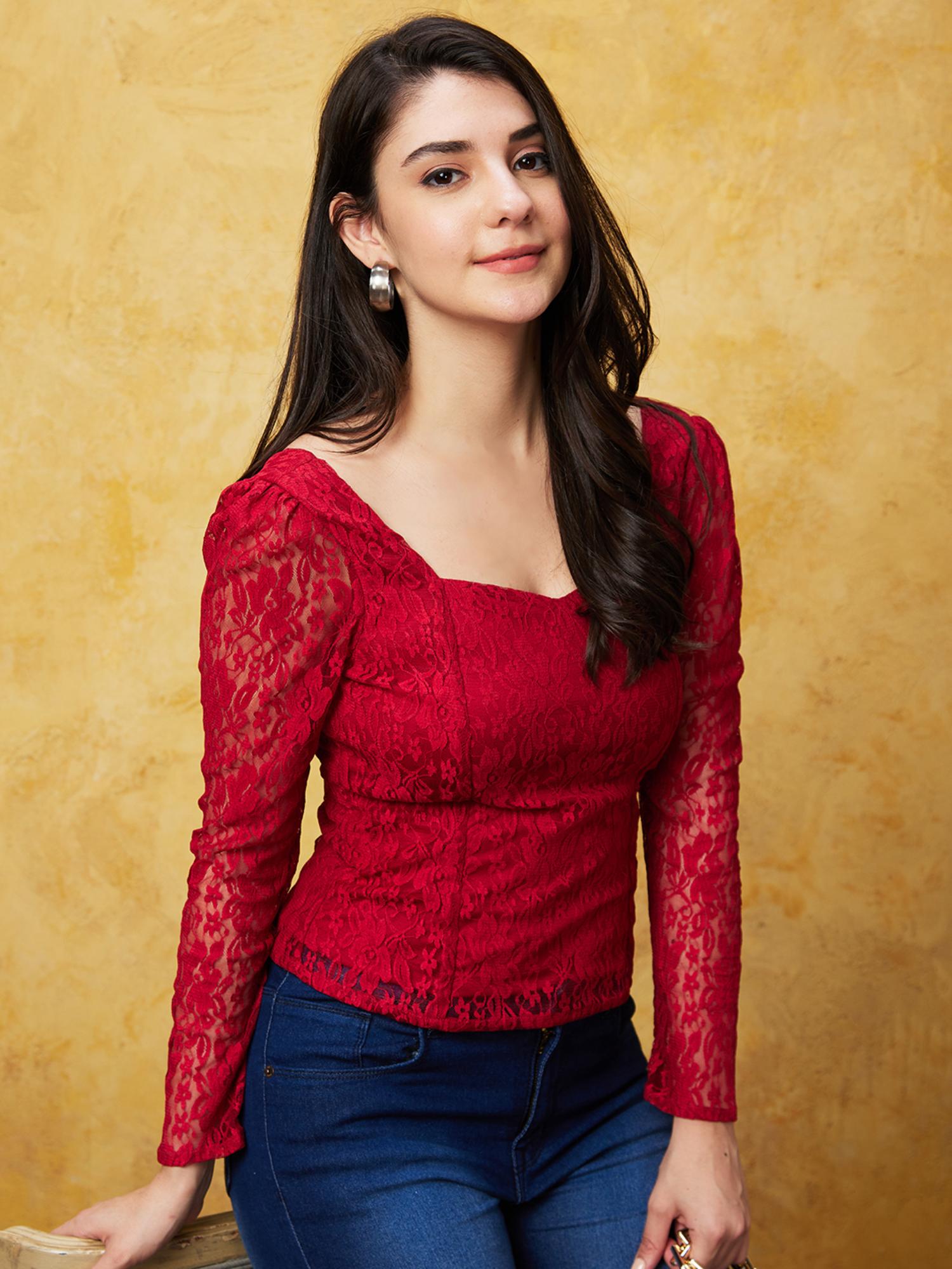 Globus Women Maroon Sweetheart Neck Puff Sleeves Back Smocked Detail Panelled Lace Party Top