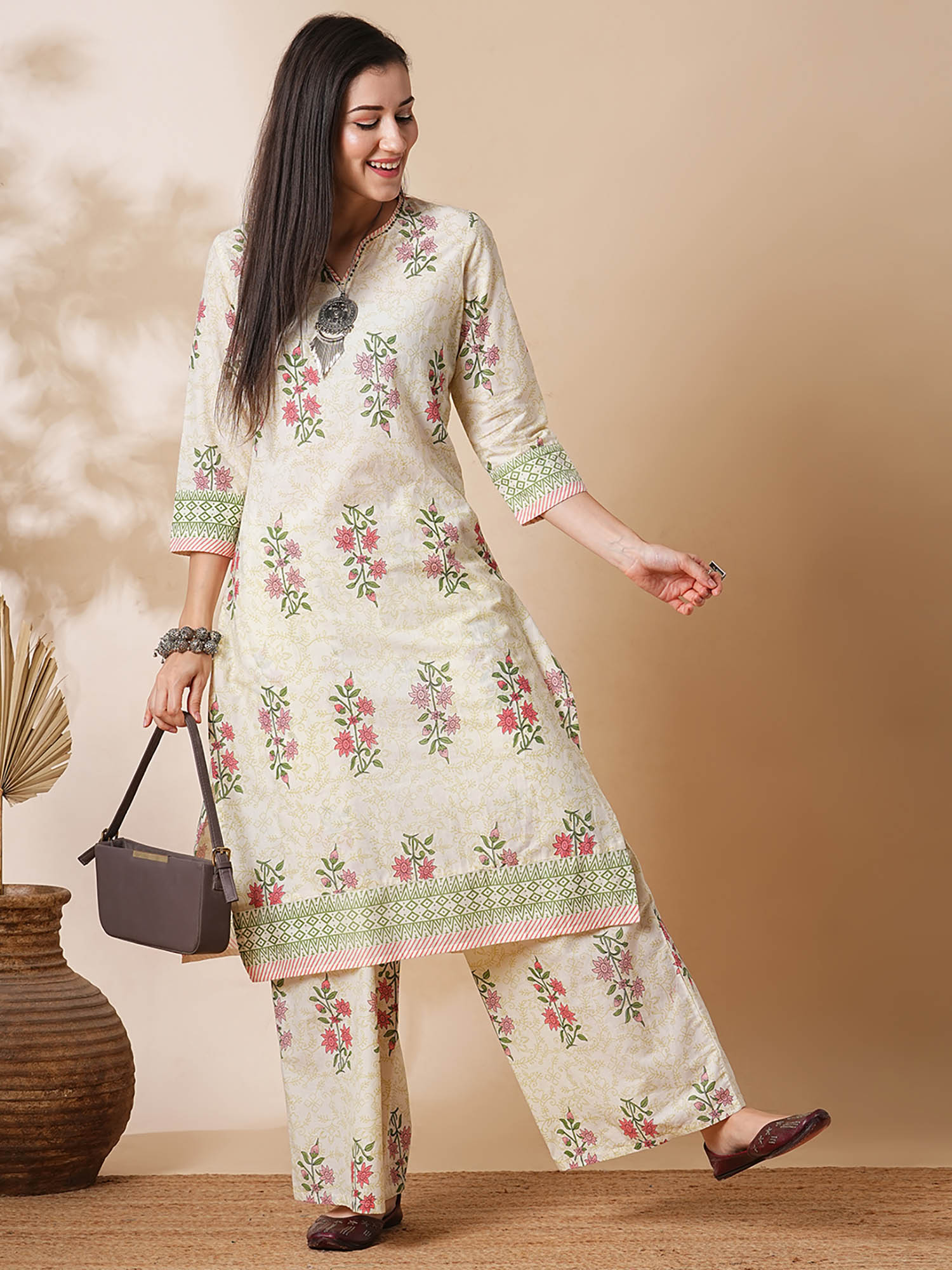 Globus Women Off-White Allover Floral Print Straight Kurta With Palazzos Workwear Set