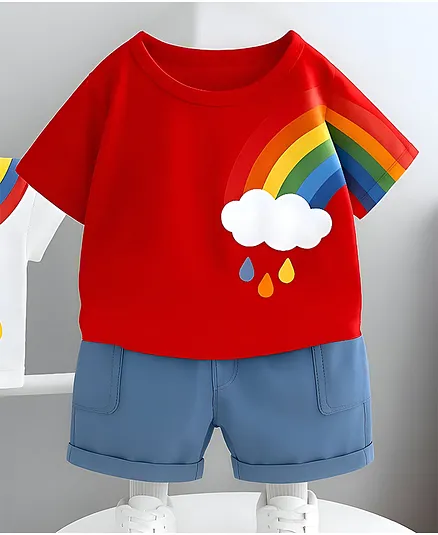 Googo Gaaga Cotton Half Sleeves Rainbow Printed Tee & Shorts Set - Red