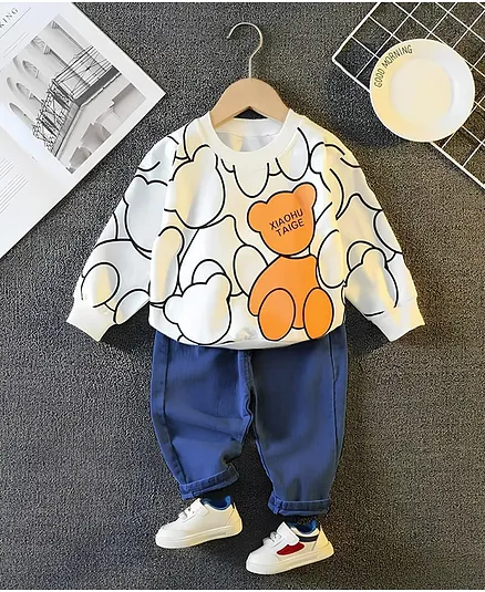 Googo Gaaga Cotton Knit Full Sleeves Teddy Printed Light Winter Sweatshirt With Jeans Set - White