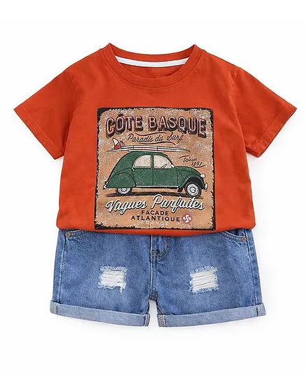Googo Gaaga Cotton Knit Half  Sleeves Car Printed Tee & Denim Shorts - Red