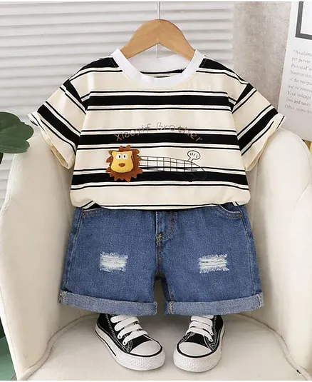Googo Gaaga Cotton Knit Half Sleeves Striped &  Lion Applique Detailed Tee & Shorts Set - White & Black