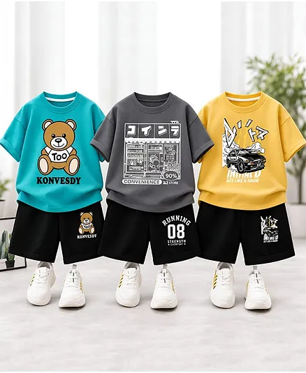 Googo Gaaga Cotton Knit Pack Of 3 Half Sleeves Teddy Japanese Text & Car Printed Tees & Shorts Set - Blue Grey & Yellow