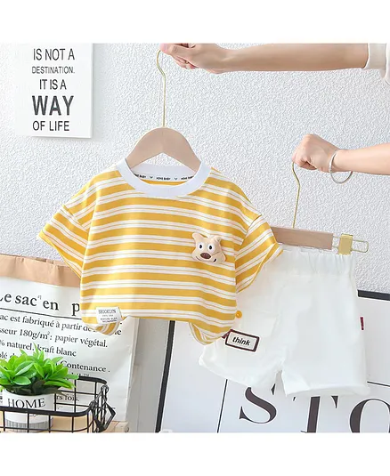 Googo Gaaga Cotton Single Jersey Knit Half Sleeves Animal Applique Detailed & Striped Tee Shorts Set - Yellow