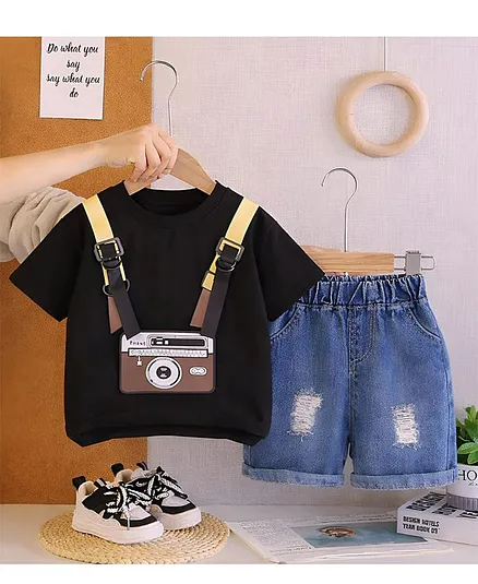 Googo Gaaga Single Jersey Half Sleeves Camera Printed Tee & Shorts Set - Black
