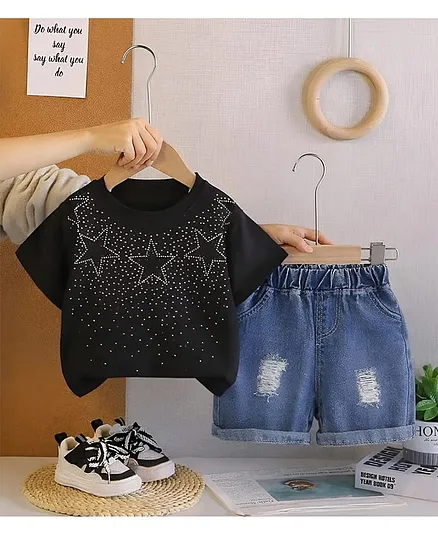 Googo Gaaga Single Jersey Half Sleeves Stone Embellished Star  Designed Tee & Shorts Set - Black