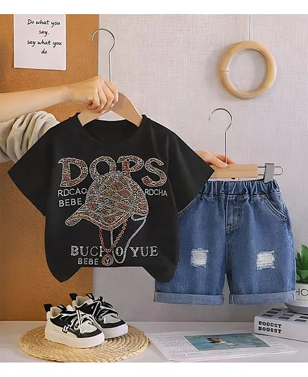 Googo Gaaga Single Jersey Half Sleeves Stone Embellished Tee & Shorts Set - Black