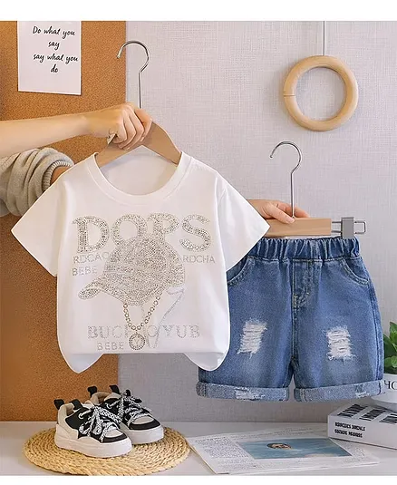 Googo Gaaga Single Jersey Half Sleeves Stone Embellished Tee & Shorts Set - White