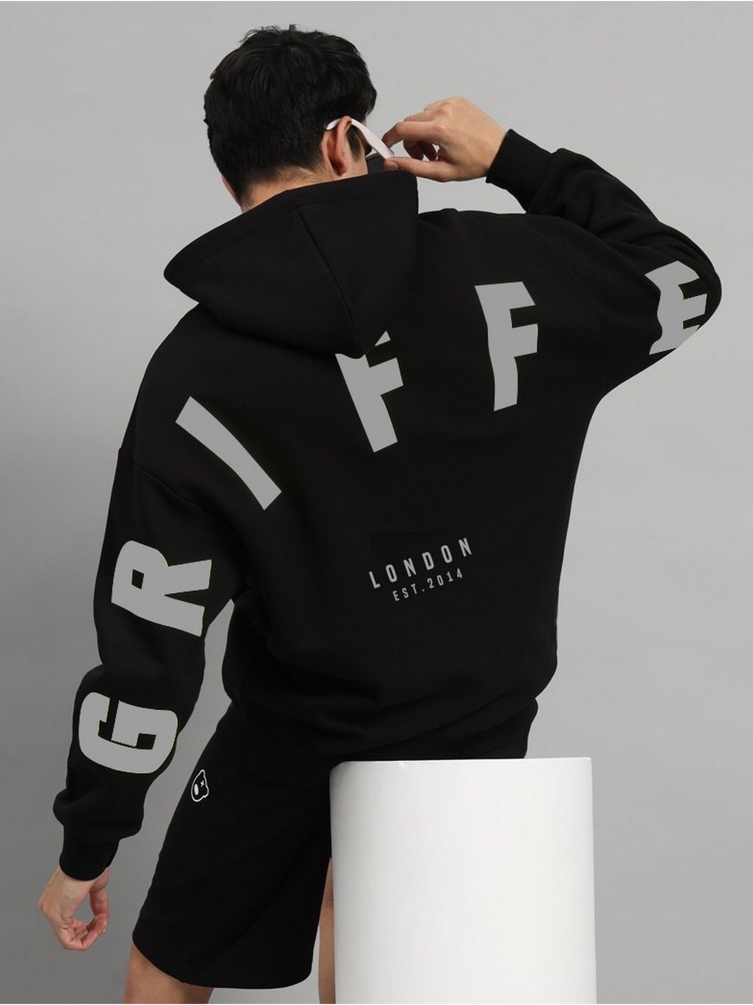 Griffel Men Winter Oversized Black Cotton Fleece Pullover Hoodie