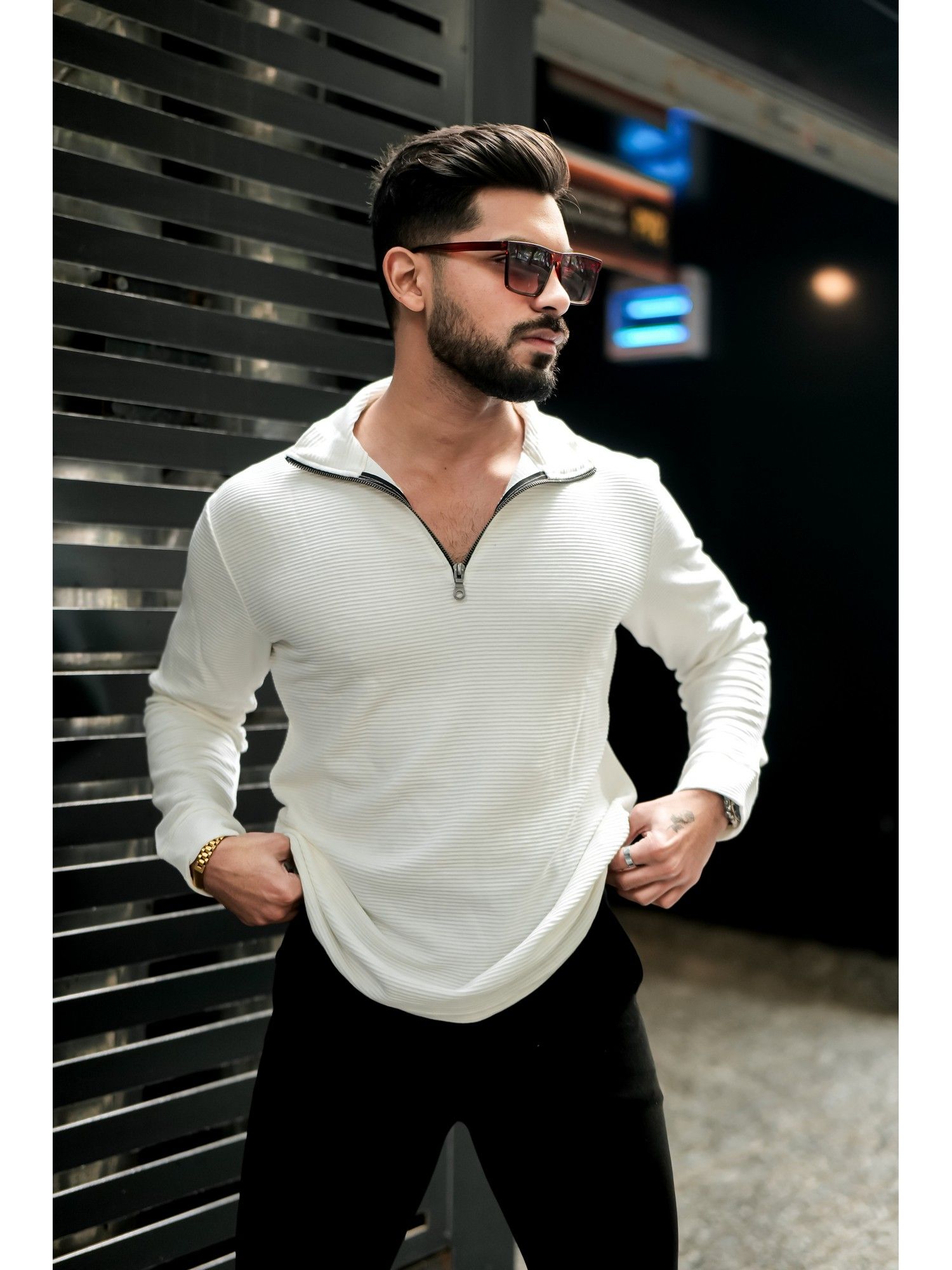 GRITSTONES Men White Self Design Front Zipper Polo T-Shirt