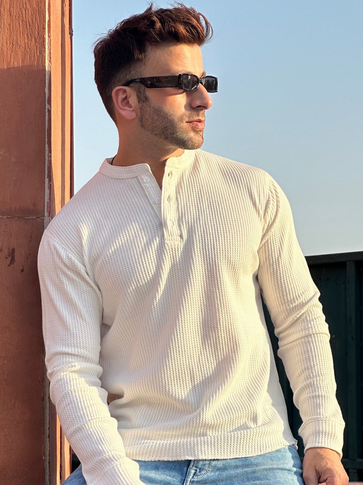 GRITSTONES Men White Waffle Henley T-Shirt