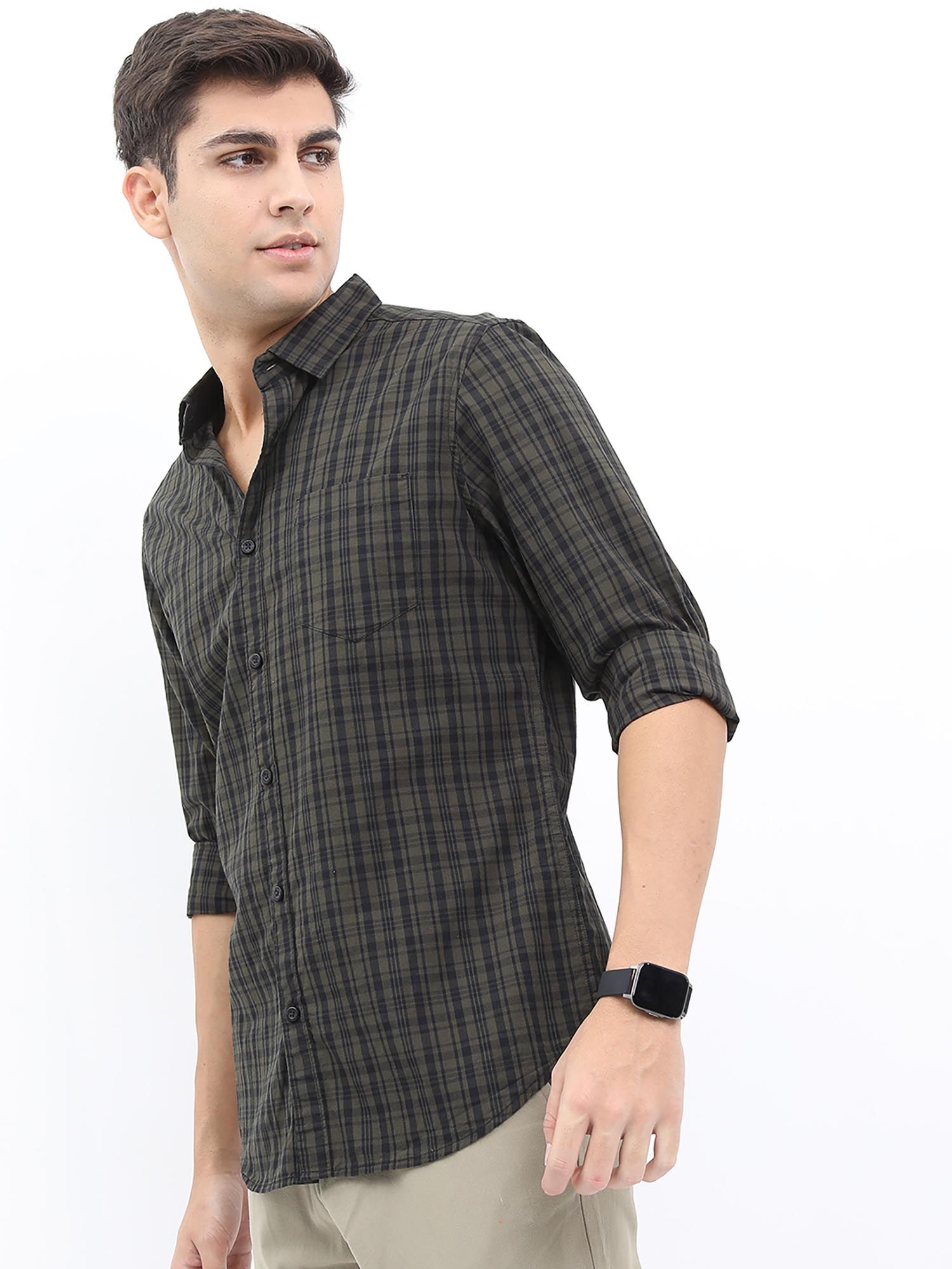 HIGHLANDER Men Green Checks Casual Shirt