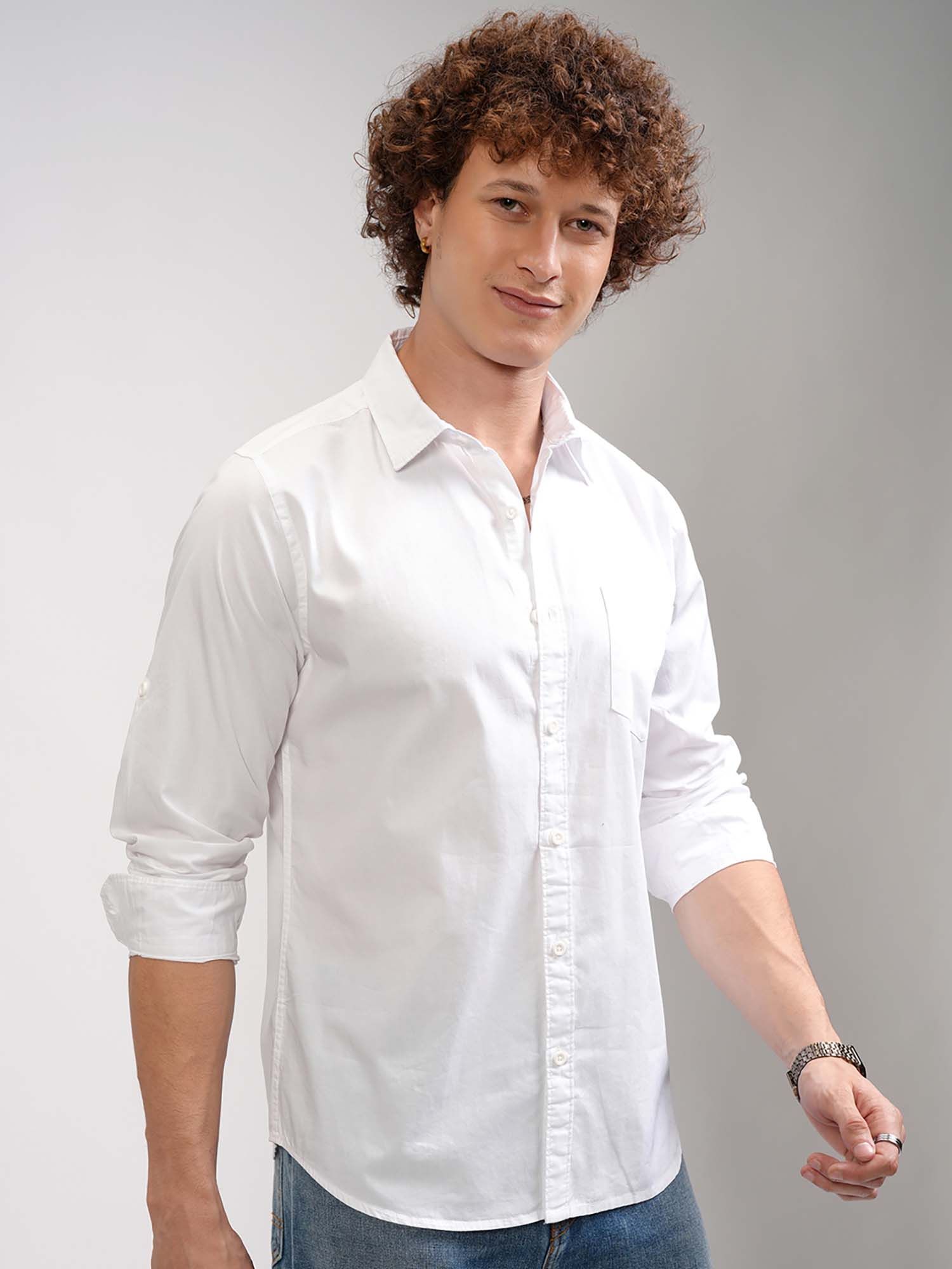 HIGHLANDER Men White Solid Slim Fit Casual Shirt