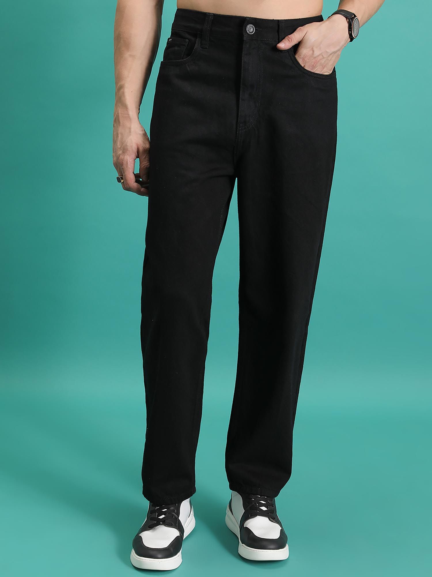 HIGHLANDER Mens Black Relax Fit Baggy Jeans