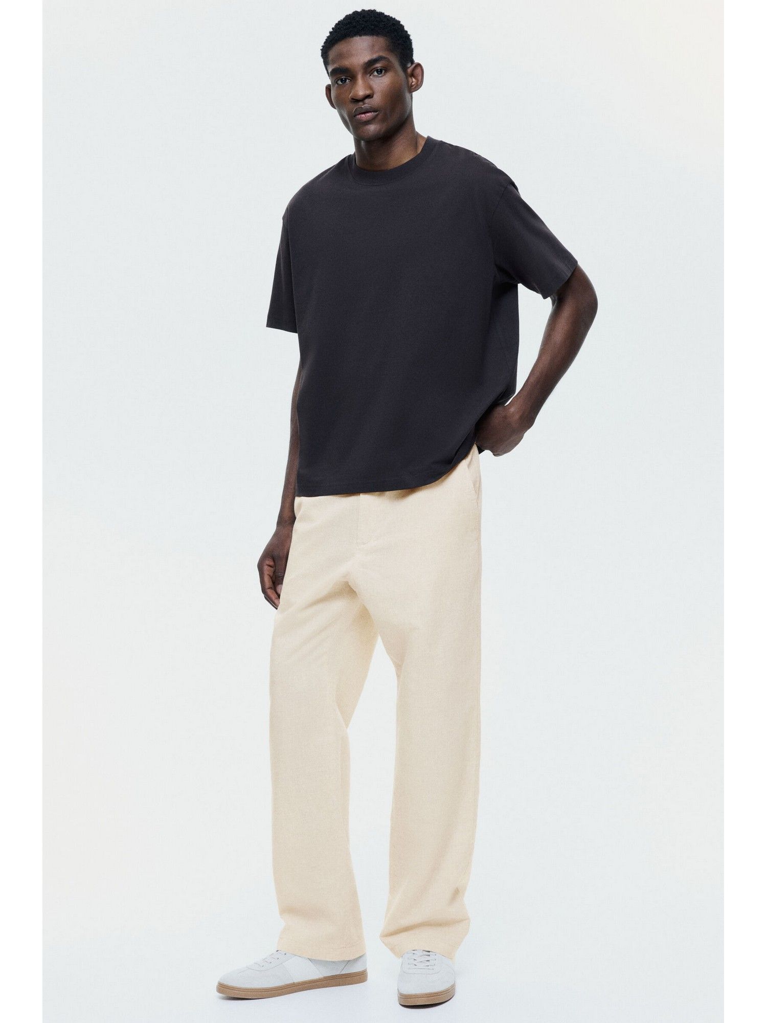 H&M Men Beige Regular Fit Linen-Blend Trousers
