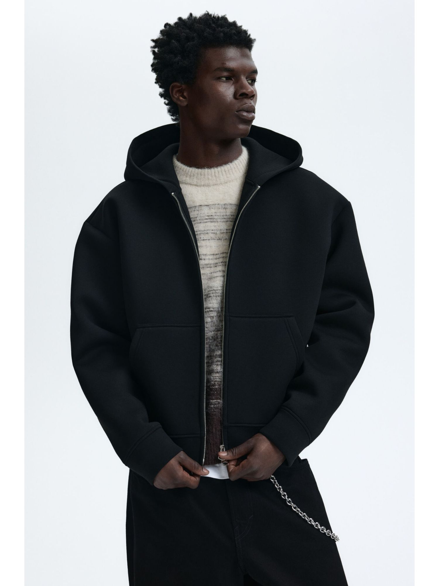 H&M Men Black Loose Fit Scuba Zip-Through Hoodie