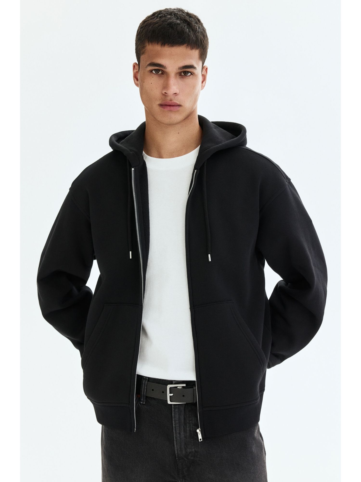 H&M Men Black Loose Fit Zip-Through Hoodie