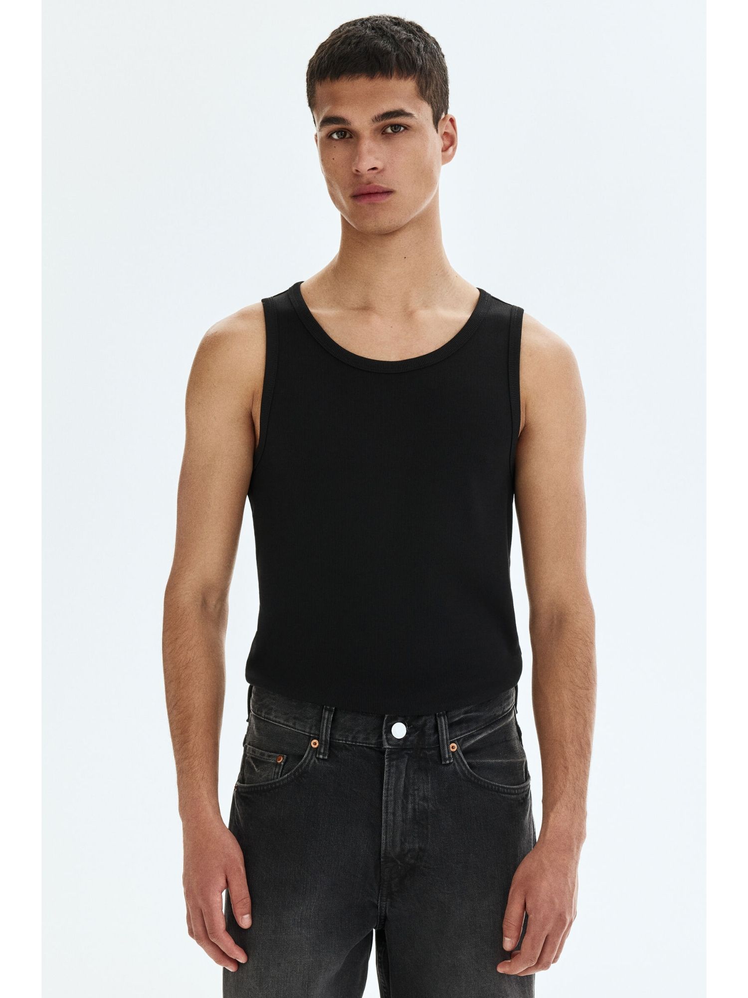 H&M Men Black Slim Fit Ribbed Vest Top