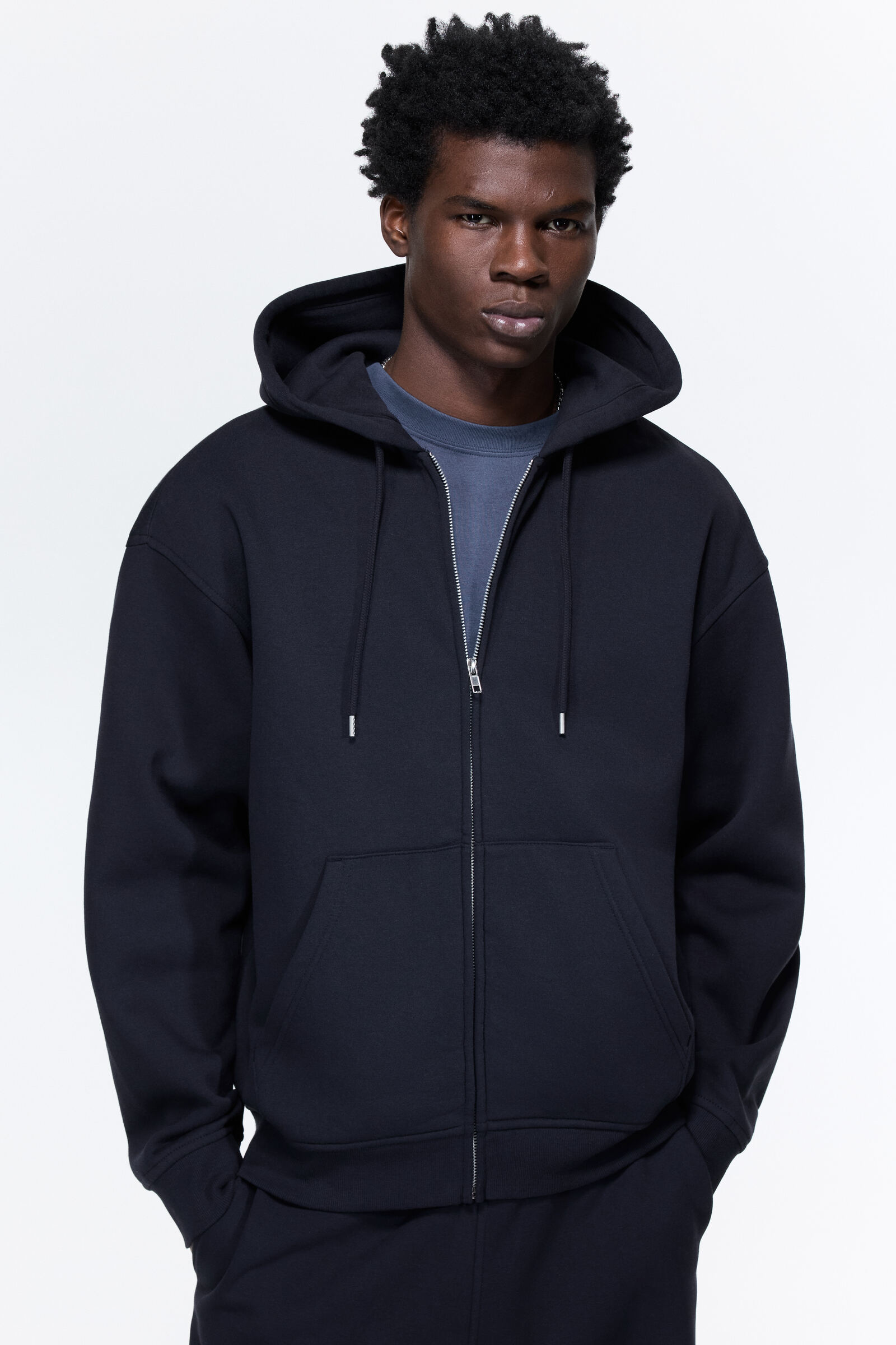 H&M Men Blue Loose Fit Zip-Through Hoodie