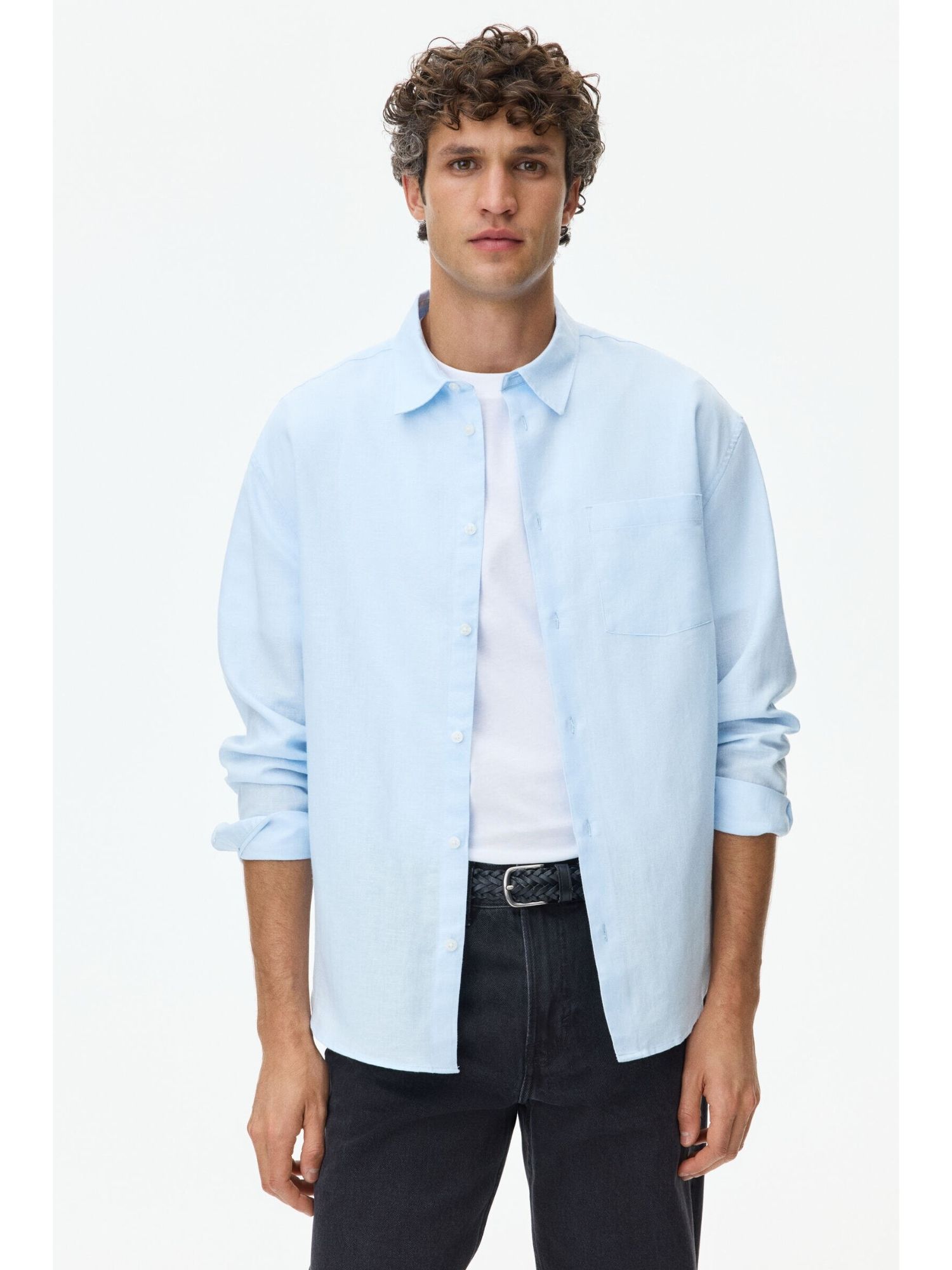 H&M Men Blue Relaxed Fit Linen-Blend Shirt