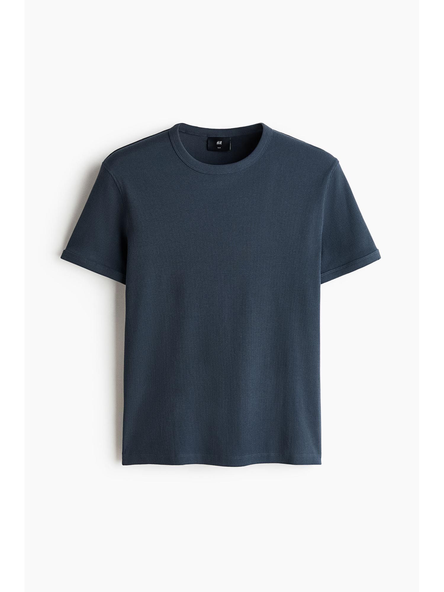 H&M Men Blue Slim Fit Ribbed T-Shirt
