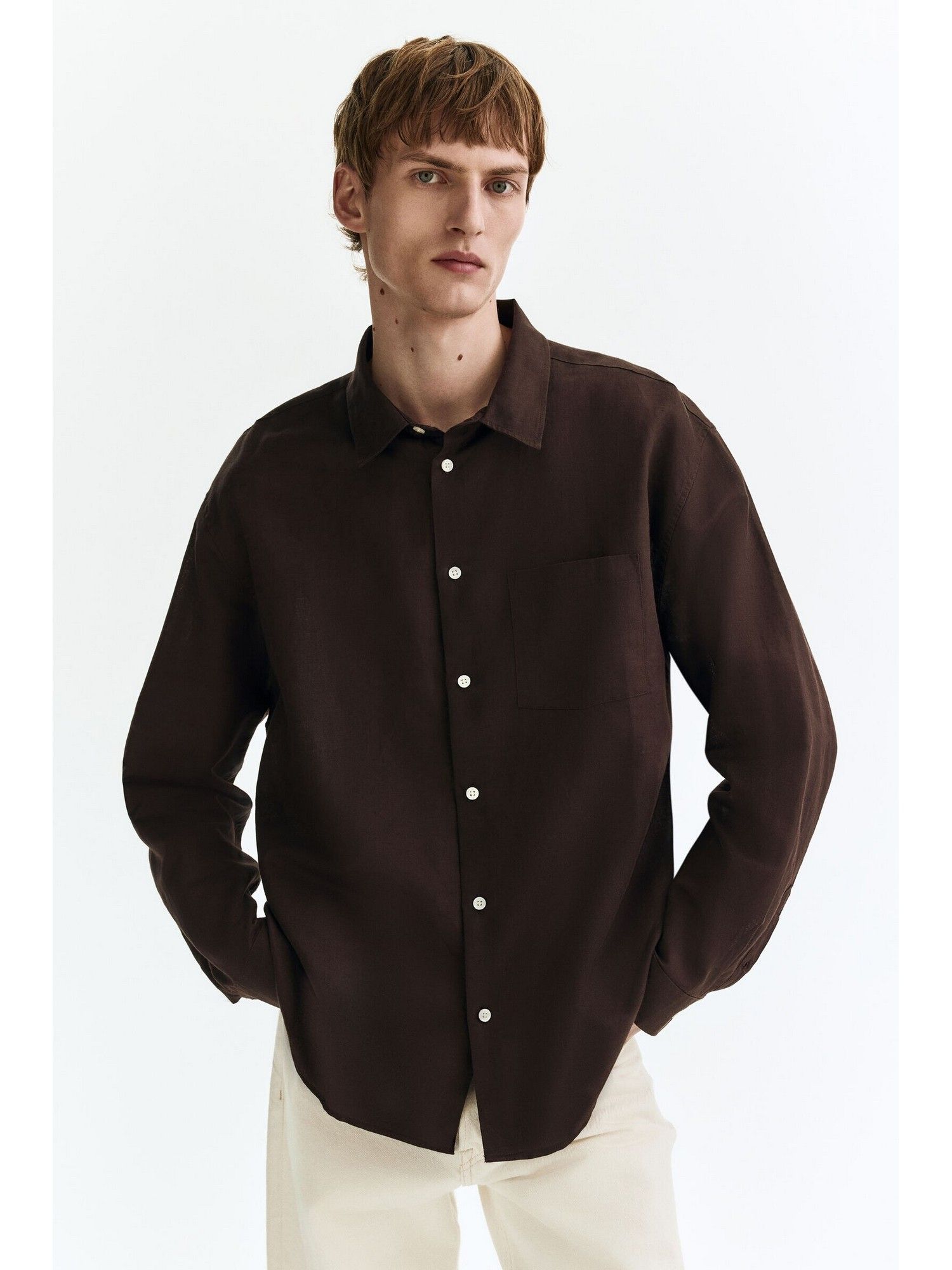 H&M Men Brown Relaxed Fit Linen-Blend Shirt