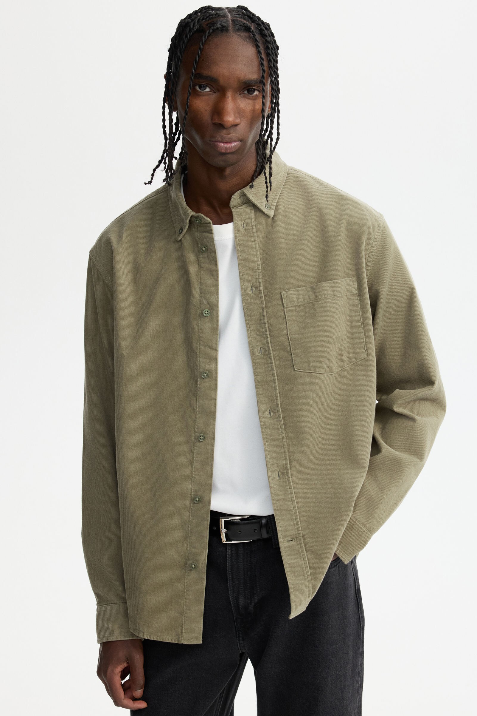 H&M Men Green Regular Fit Corduroy Shirt