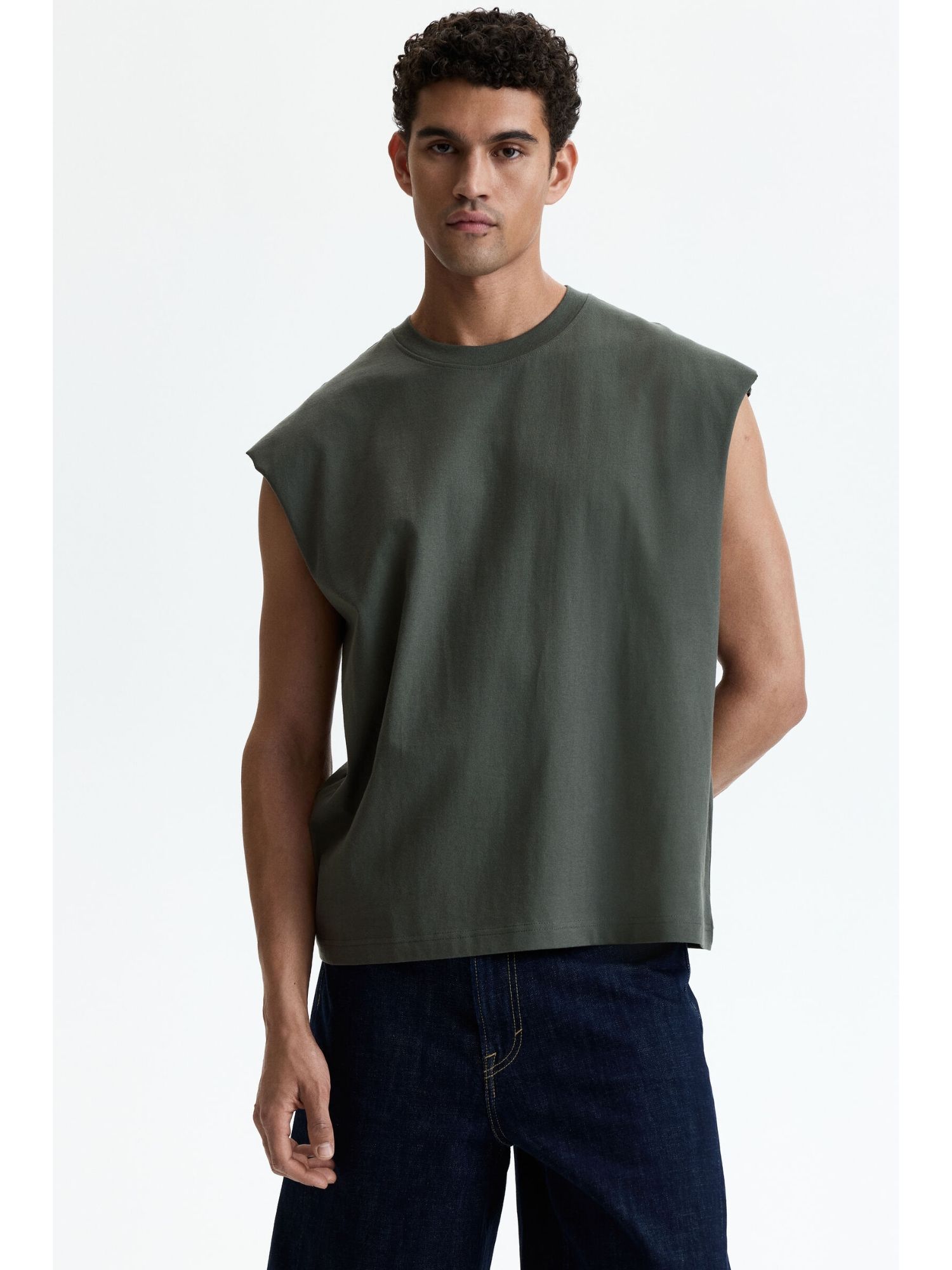 H&M Men Green Relaxed Fit Cotton Vest Top