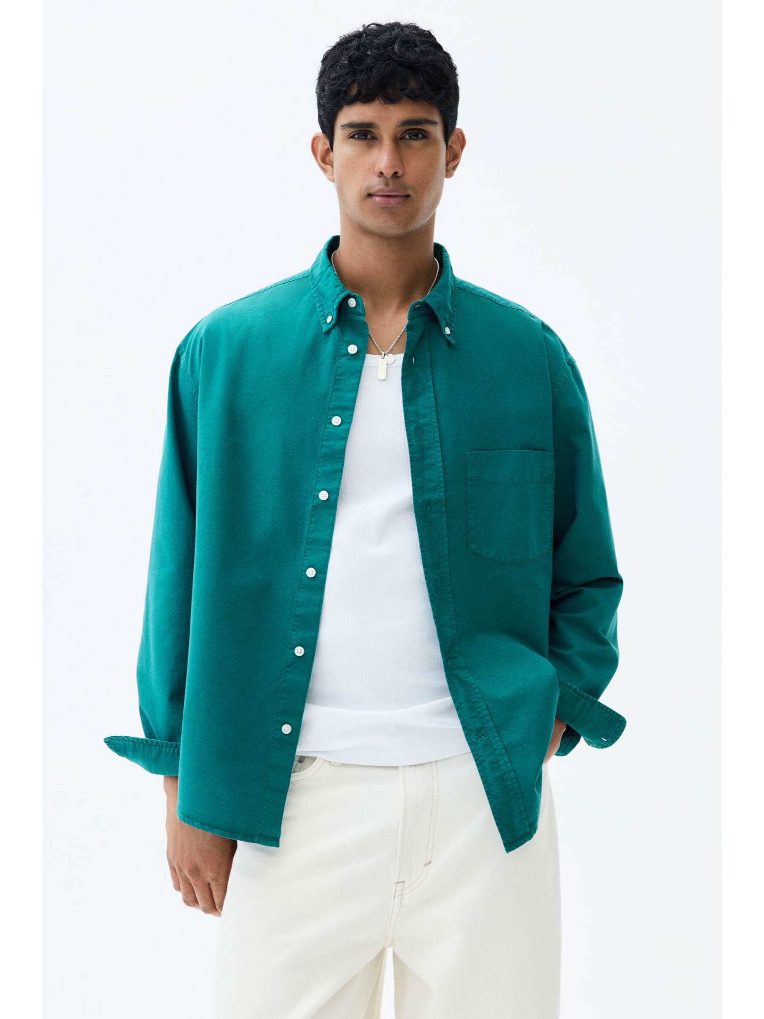 H&M Men Green Relaxed Fit Oxford Shirt
