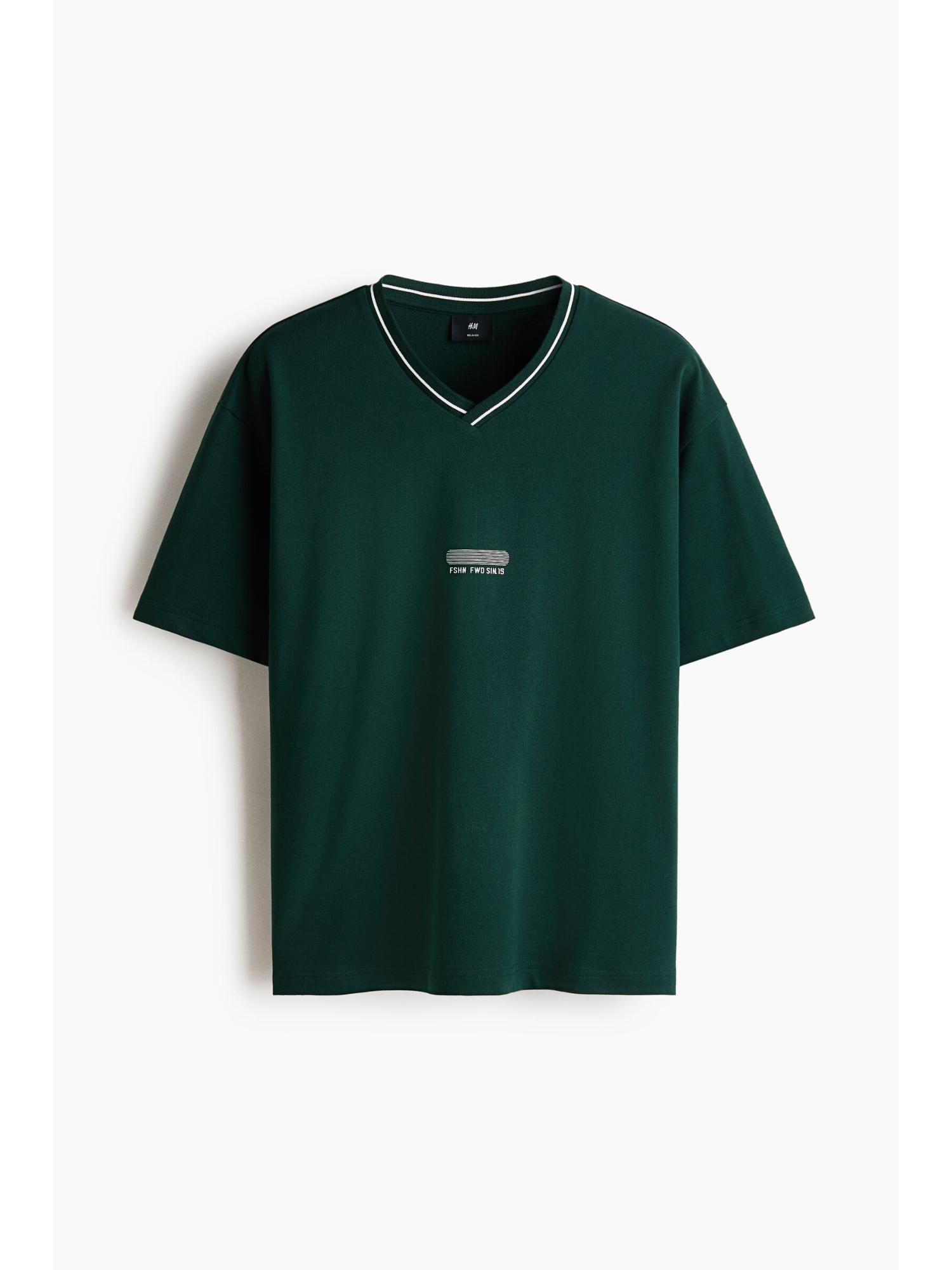 H&M Men Green Relaxed Fit Printed Cotton T-Shirt