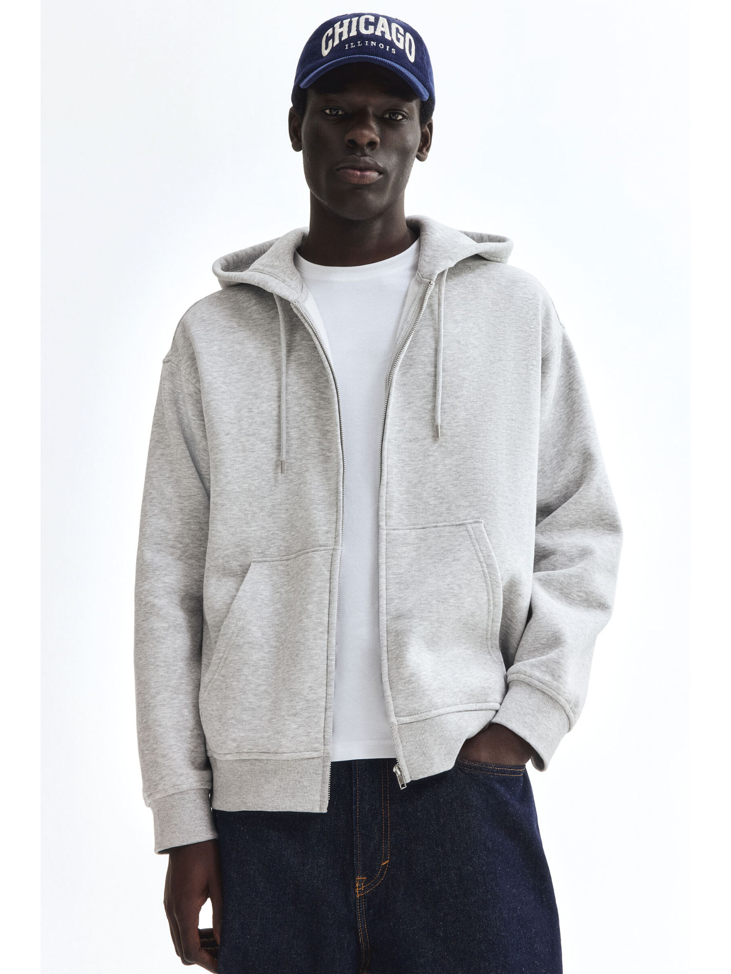 H&M Men Grey Loose Fit Zip-Through Hoodie