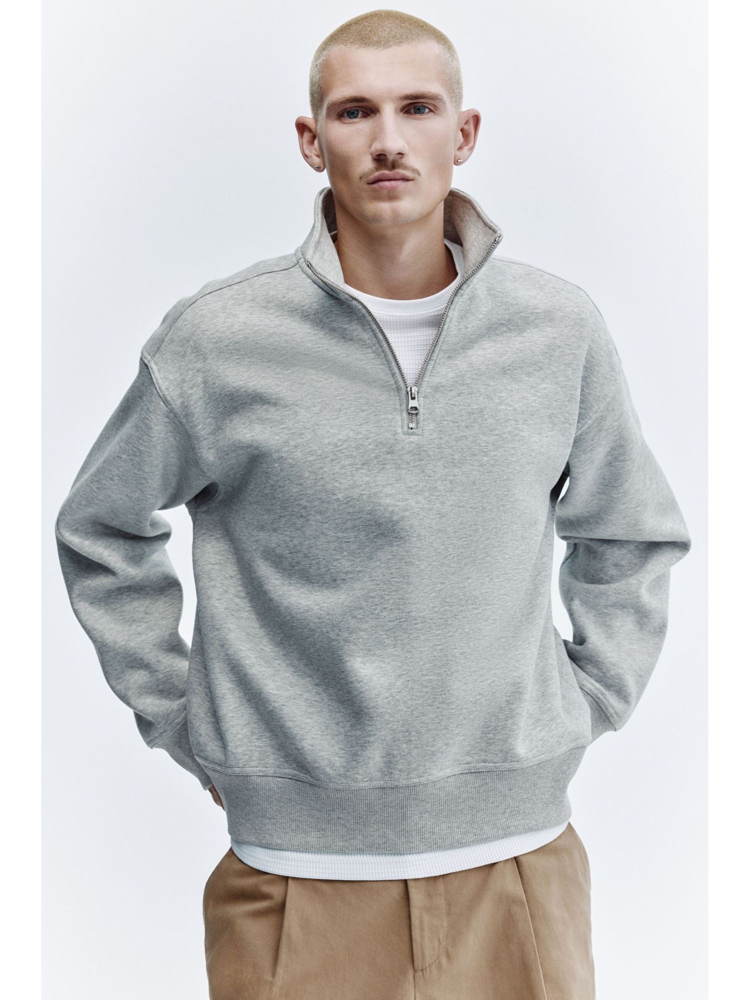 H&M Men Grey Loose Fit Zip-Top Sweatshirt